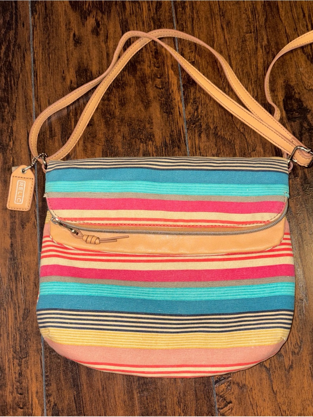 Relic Striped Crossbody Bag in Turquoise, Pink & Tan